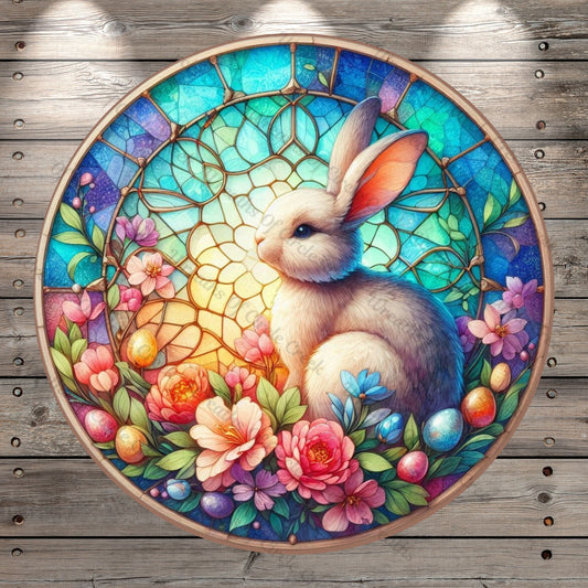 Easter Bunny, Wreath Sign, Faux Stain Glass Print, Spring, Eggs, Colorful Easter, Round Lightweight Metal, No Holes In Sign, Wreath Decor