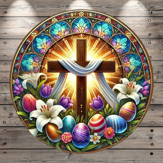 Easter Cross, Faux Stain Glass Print, Wreath Sign, Easter Eggs, Round Lightweight Metal, No Holes In Sign, Religious Wreath, Home Decor