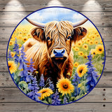 Highland Cow, Welcome, Floral Pasture, Round Light Weight, Metal Wreath Sign, No Holes In Sign