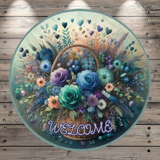 Whimsical Florals, Roses, In Basket, Hello, Welcome, Hearts, Purple, Blues, Pink, Green, Round, Lightweight, Metal Wreath Sign, No Holes In Sign