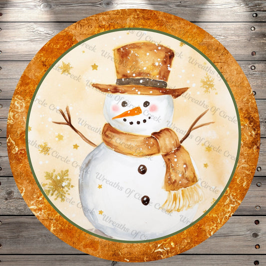 Gold Snowman, Gold Vintage Border, Winter, Round, Light Weight, Metal Wreath Sign, No Holes