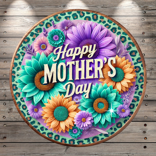 Happy Mother’s Day Floral Wreath | Round Lightweight Metal Wreath Sign | Leopard Print & Teal Sunflowers | No Holes In Sign