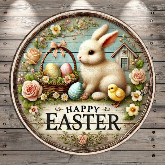 Happy Easter, Bunny, Chick, Faux Wood, Vintage, Round, Lightweight, Metal Wreath Sign, No Holes In Sign