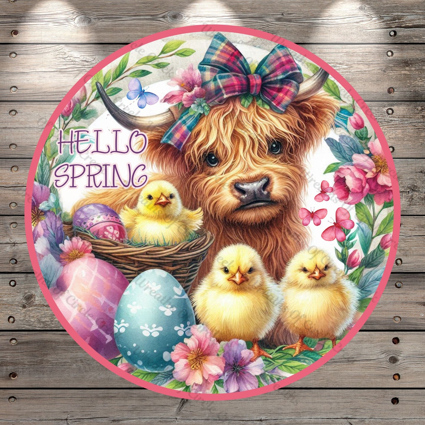 Hello Spring, Highland Cow Wreath Sign, Baby Chicks, Eggs, Lightweight, Round, Metal Wreath Sign, No Holes