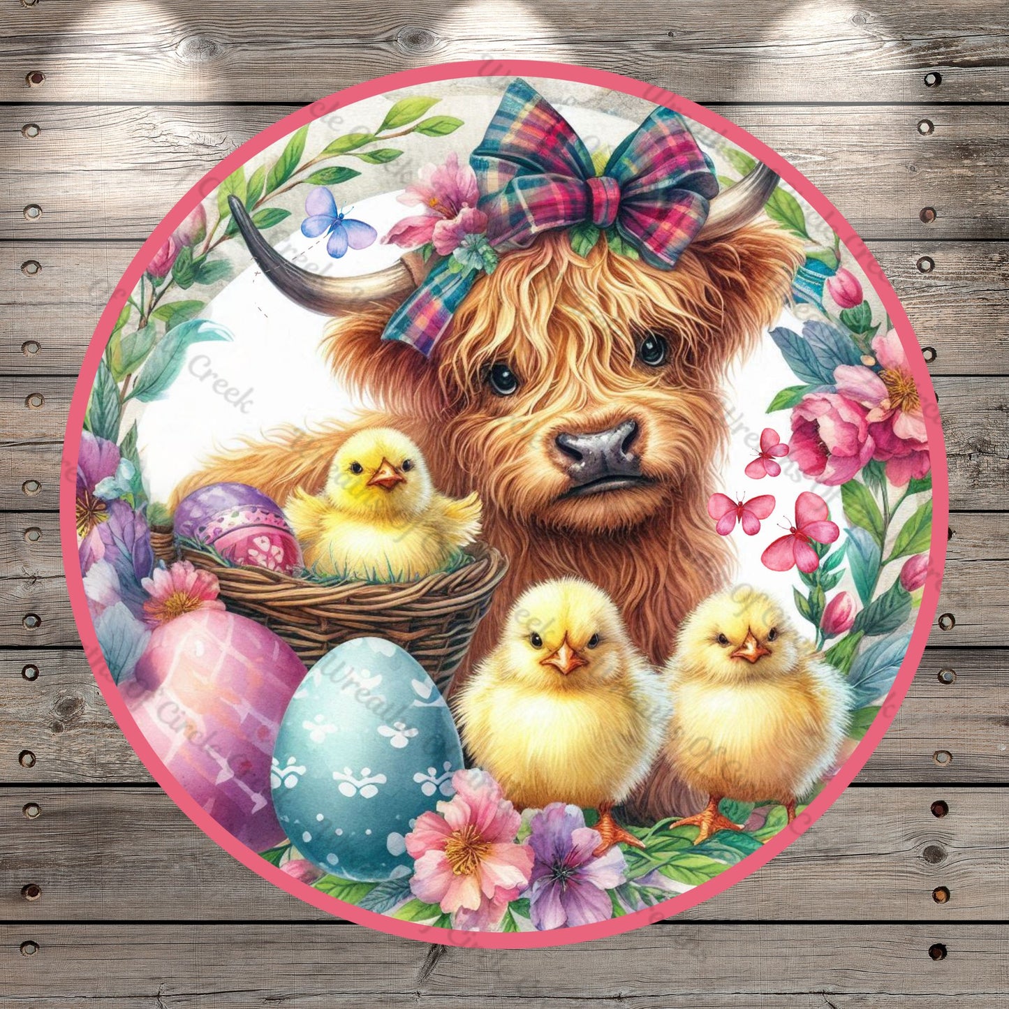 Hello Spring, Highland Cow Wreath Sign, Baby Chicks, Eggs, Lightweight, Round, Metal Wreath Sign, No Holes