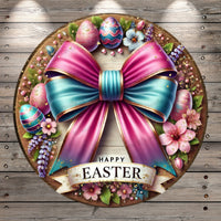 Happy Easter Lightweight Round Metal Wreath Sign | Big Bow, Easter Eggs & Floral Spring, Faux Wood, Door Hanger, No Holes In Sign