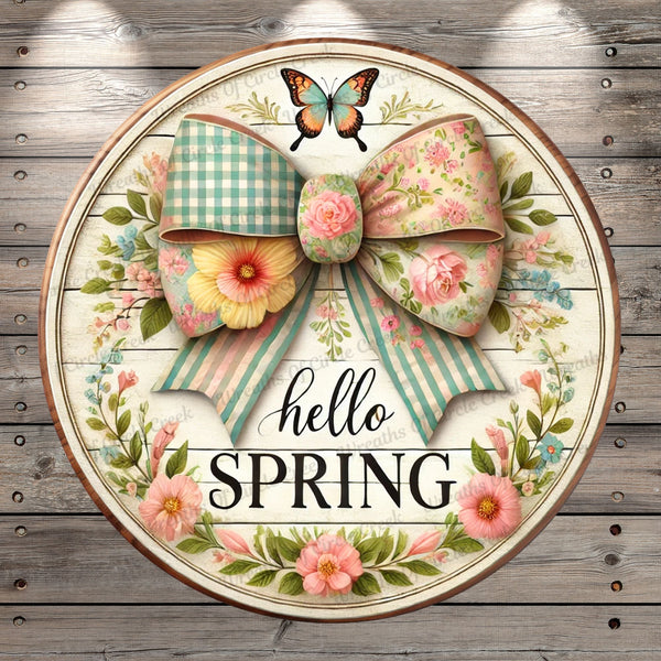 Hello Spring Lightweight Round Metal Wreath Sign | Vintage Bow & Floral Faux Wood, Door Hanger, No Holes In Sign