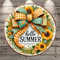 Hello Summer Lightweight Round Metal Wreath Sign | Sunflower & Gingham Bow, Faux Wood, Door Hanger, No Holes In Sign