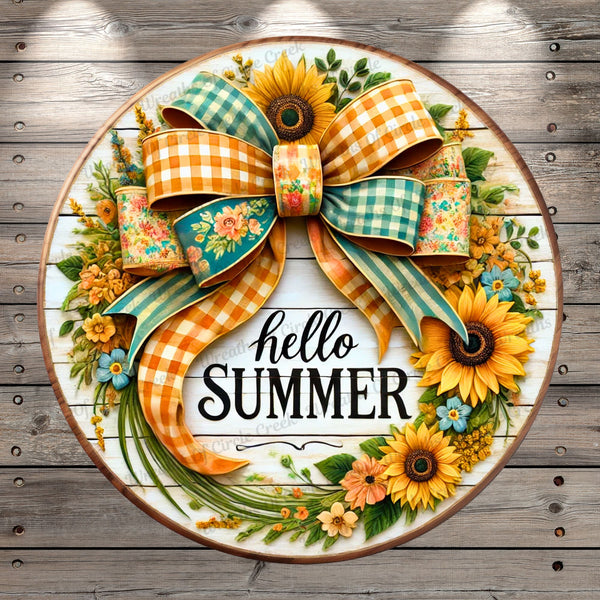 Hello Summer Lightweight Round Metal Wreath Sign | Sunflower & Gingham Bow, Faux Wood, Door Hanger, No Holes In Sign