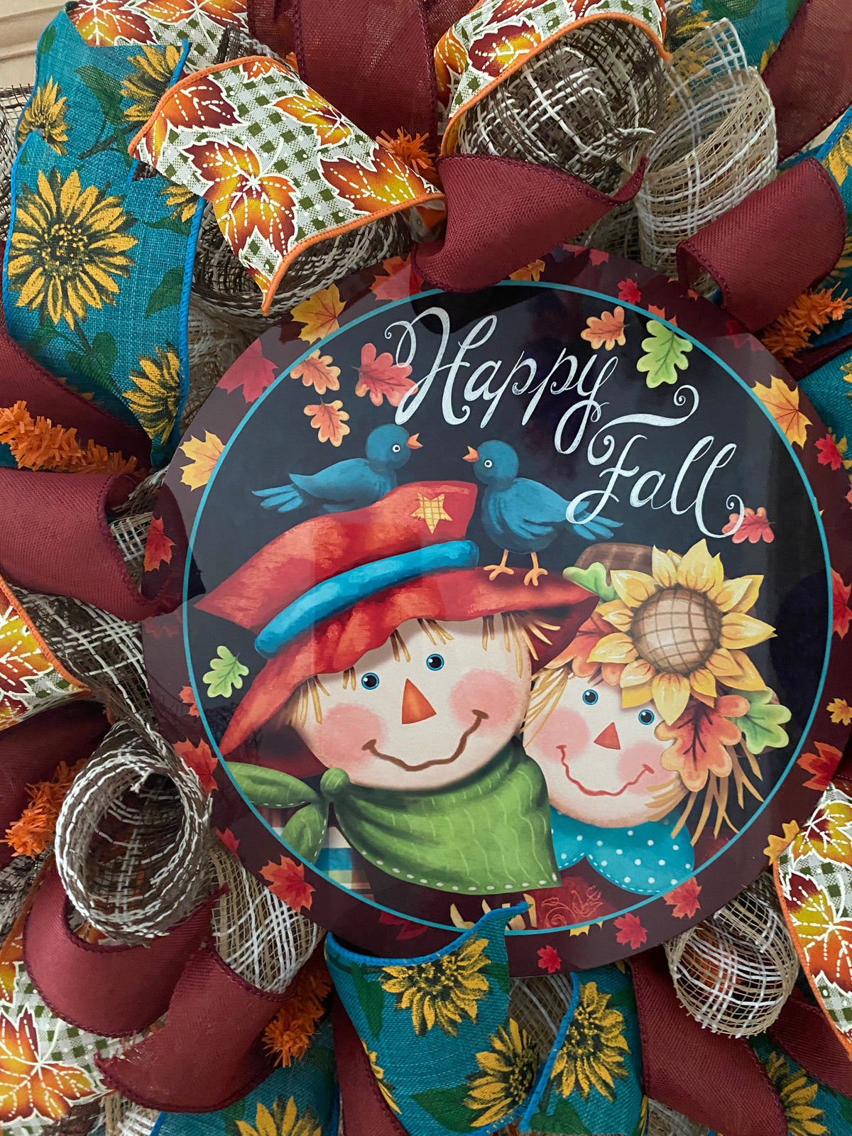 Scarecrow Couple, Happy Fall, Autumn, Fall Leaves, Sunflowers, Deco Mesh, Wired Ribbon, Seasonal Wreath