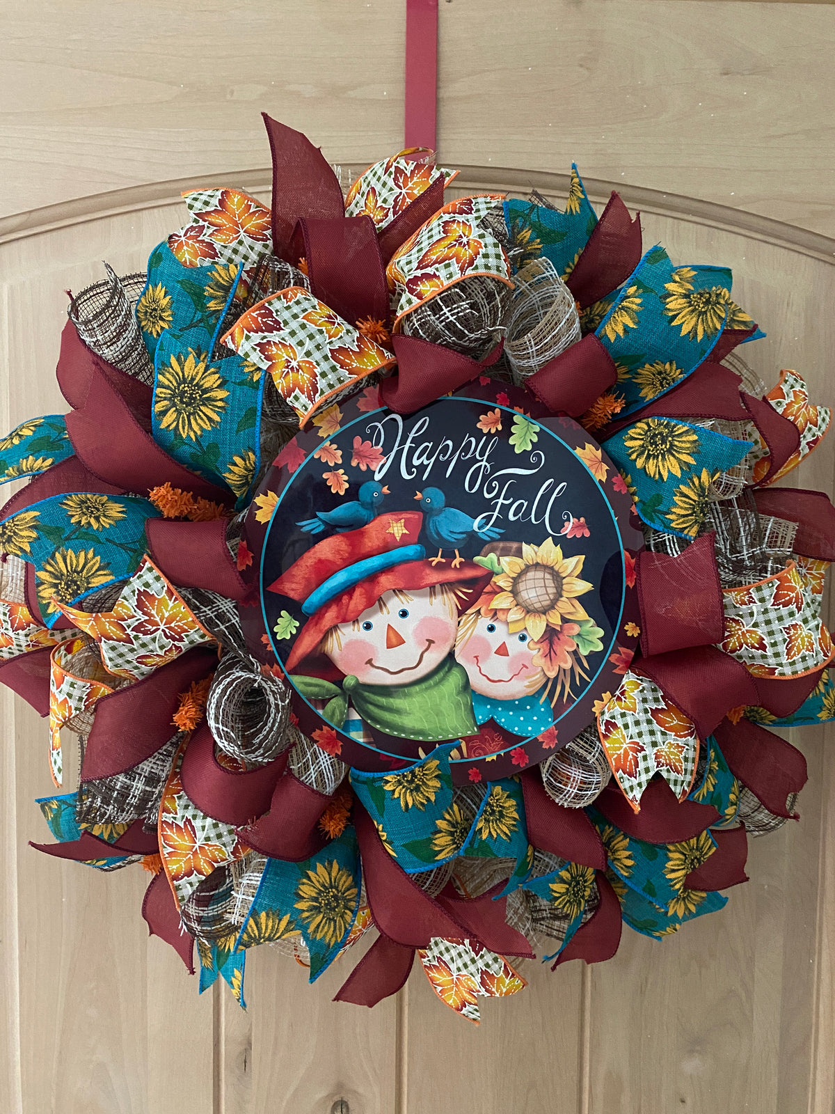 Scarecrow Couple, Happy Fall, Autumn, Fall Leaves, Sunflowers, Deco Mesh, Wired Ribbon, Seasonal Wreath