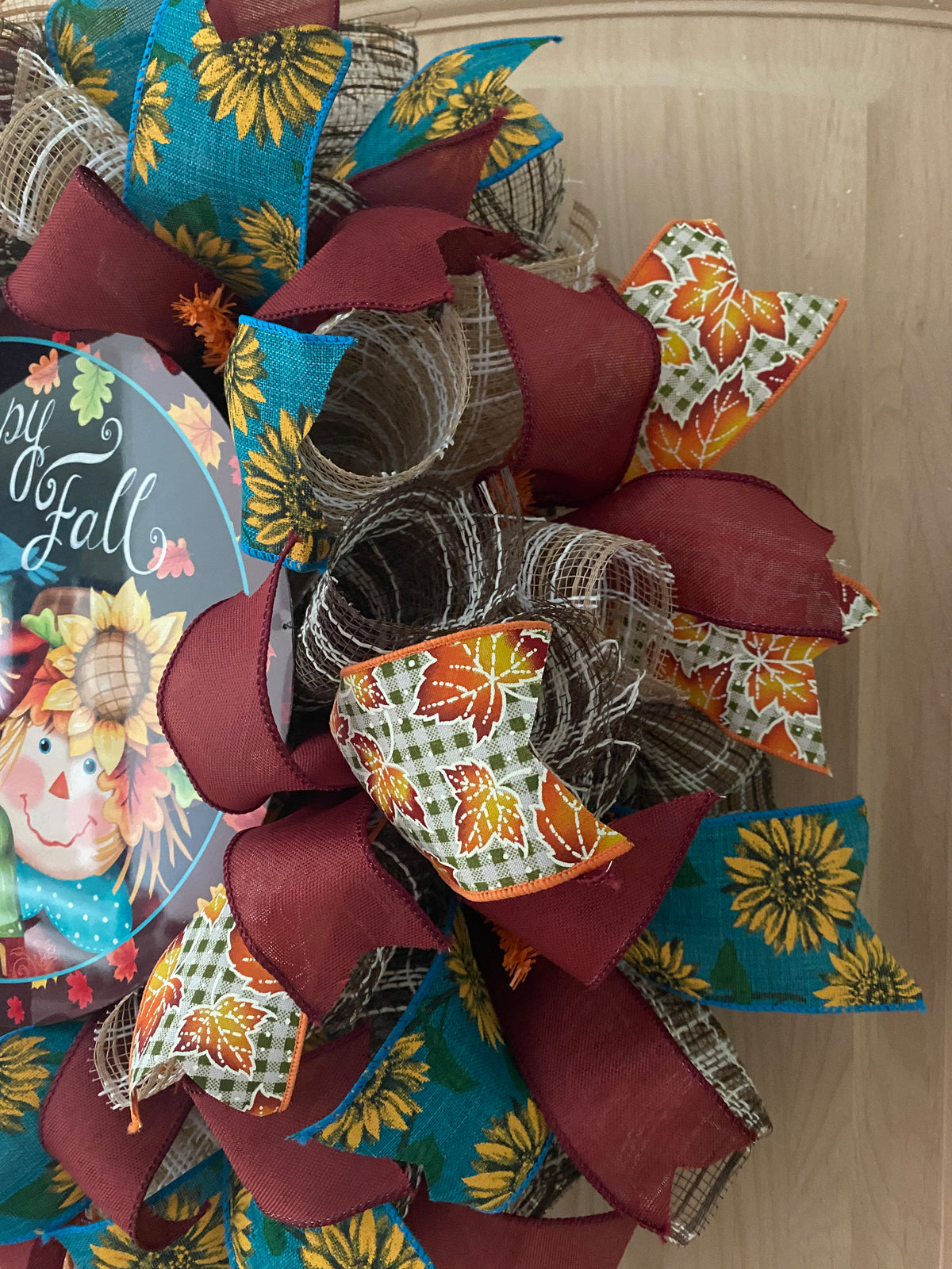 Scarecrow Couple, Happy Fall, Autumn, Fall Leaves, Sunflowers, Deco Mesh, Wired Ribbon, Seasonal Wreath