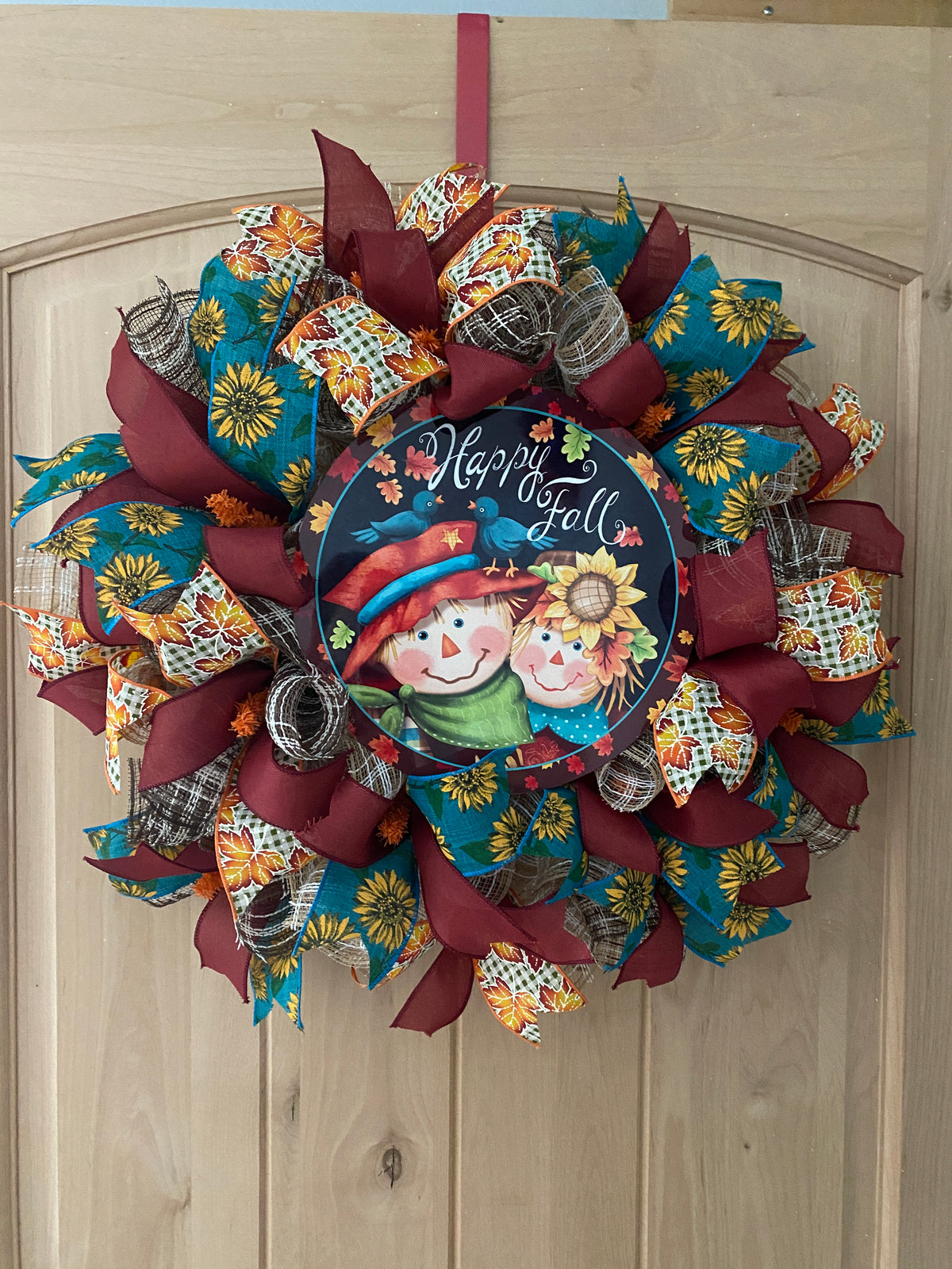 Scarecrow Couple, Happy Fall, Autumn, Fall Leaves, Sunflowers, Deco Mesh, Wired Ribbon, Seasonal Wreath