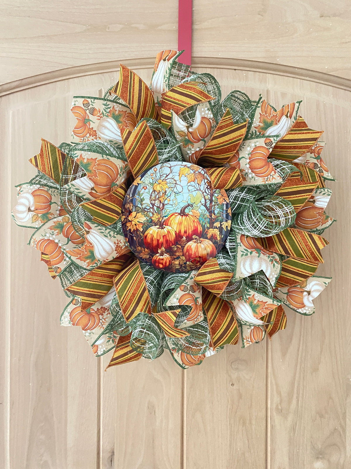 Fall, Pumpkin, Deco Mesh Wreath, Small Size, Wired Ribbon, Seasonal Wreath