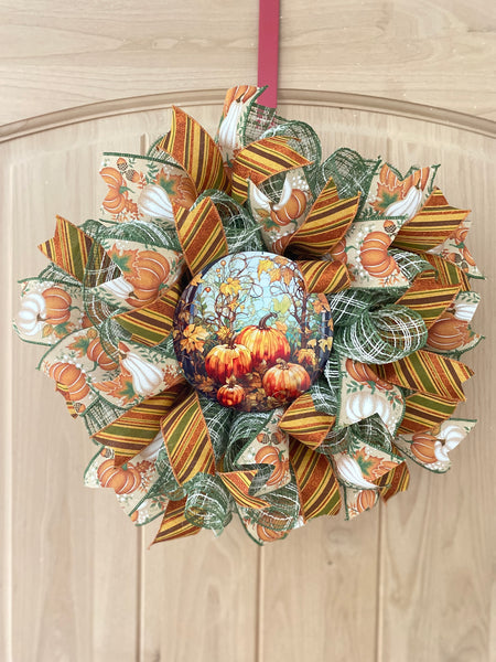 Fall, Pumpkin, Deco Mesh Wreath, Small Size, Wired Ribbon, Seasonal Wreath