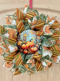 Fall, Pumpkin, Deco Mesh Wreath, Small Size, Wired Ribbon, Seasonal Wreath