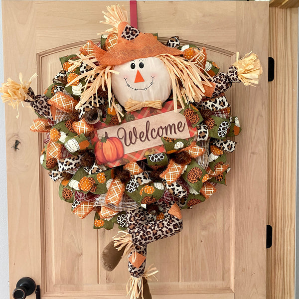 Scarecrow Wreath, Welcome, Fall, Leopard, Cheetah, Pattern Pumpkins, Wired Ribbon, Deco Mesh Wreath, Large