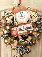 Scarecrow Wreath, Welcome, Fall, Leopard, Cheetah, Pattern Pumpkins, Wired Ribbon, Deco Mesh Wreath, Large