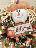 Scarecrow Wreath, Welcome, Fall, Leopard, Cheetah, Pattern Pumpkins, Wired Ribbon, Deco Mesh Wreath, Large