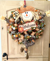 Scarecrow Wreath, Welcome, Fall, Leopard, Cheetah, Pattern Pumpkins, Wired Ribbon, Deco Mesh Wreath, Large