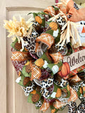 Scarecrow Wreath, Welcome, Fall, Leopard, Cheetah, Pattern Pumpkins, Wired Ribbon, Deco Mesh Wreath, Large