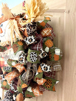 Scarecrow Wreath, Welcome, Fall, Leopard, Cheetah, Pattern Pumpkins, Wired Ribbon, Deco Mesh Wreath, Large