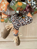 Scarecrow Wreath, Welcome, Fall, Leopard, Cheetah, Pattern Pumpkins, Wired Ribbon, Deco Mesh Wreath, Large