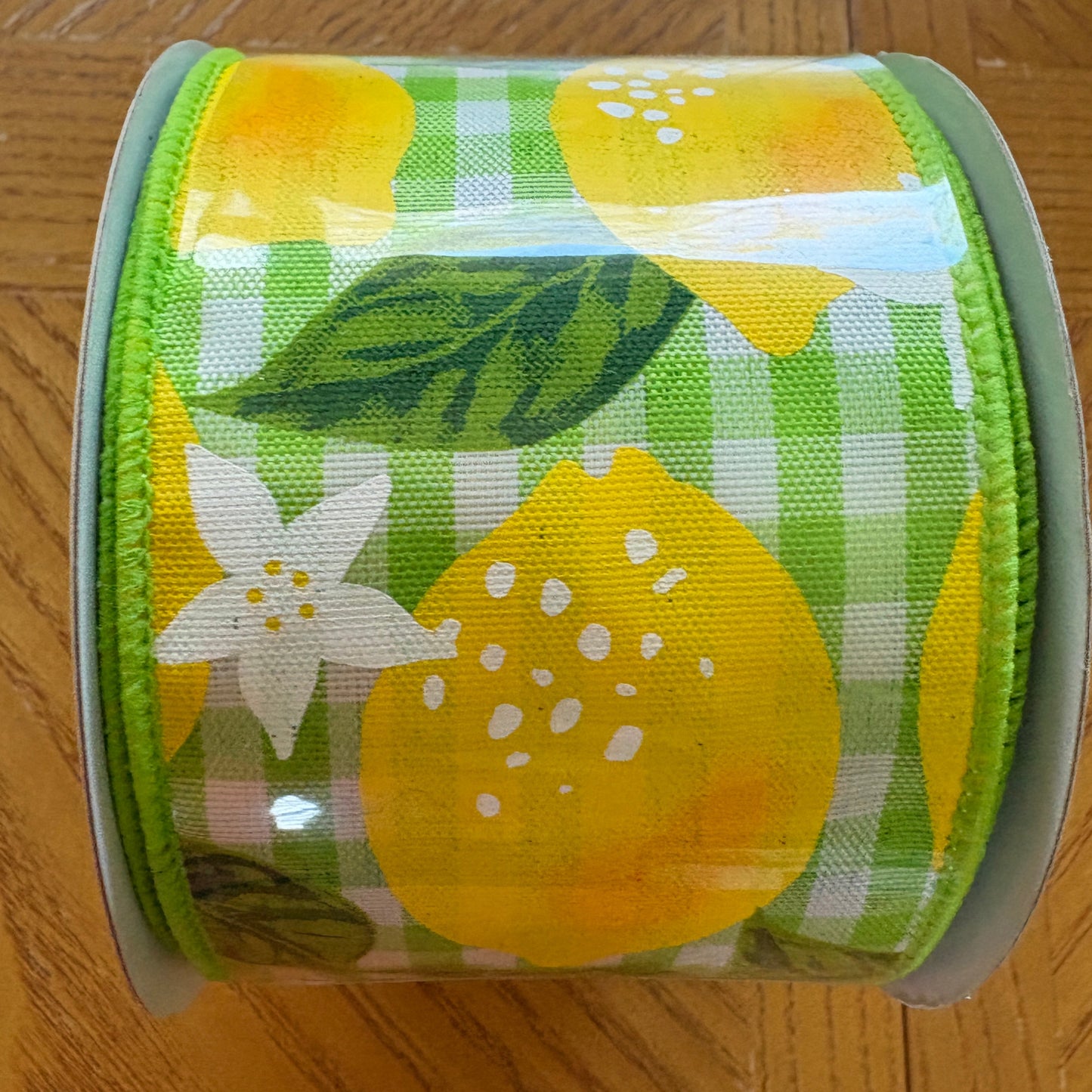 Lemons On Green & White Check, Woven, Wired Ribbon, 2.5" x 10 Yards, RGA1853RY