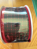 Red And Black, Raised Stitched, Squares, Wired Ribbon, 2.5" X 10 YD, RG01678WJ