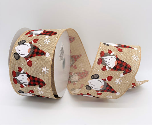 Winter Gnomes, Natural, Buffalo Plaid, Snowflakes, Ribbon, Wired Edges, Canvas, 2.5" X 10 Yards