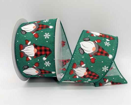 Winter Gnomes, Green, Buffalo Plaid, Snowflakes, Ribbon, Wired Edges, Canvas, 2.5" X 10 Yards