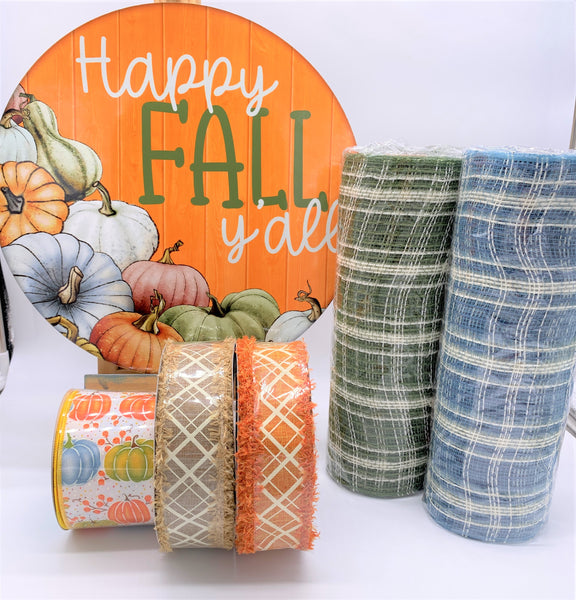 Happy Fall Y'all, Orange Wood Print, Multi Color Fall Pumpkins, Sign, Ribbon, and Mesh Set