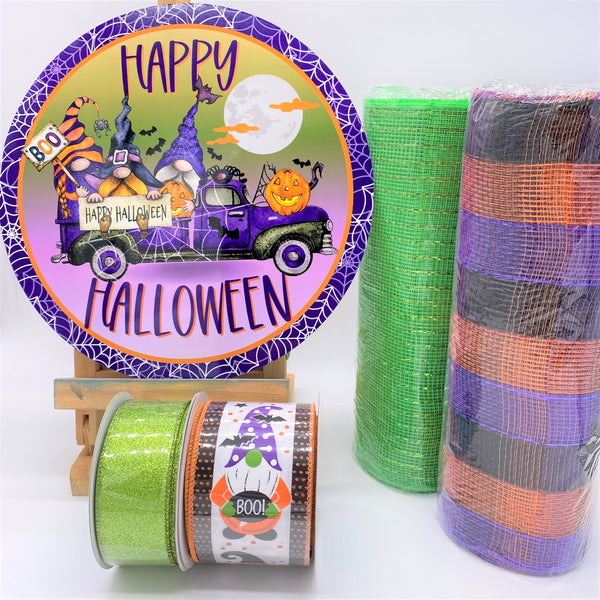 Happy Halloween, Gnomes in Truck, Sign, Ribbon, and Mesh Set