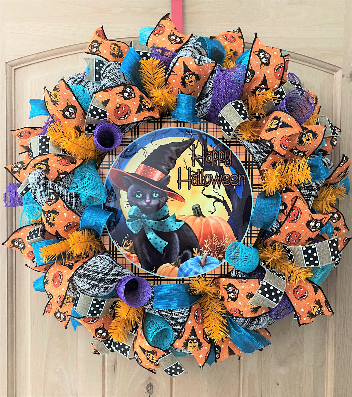 Halloween Wreath, Black Cat, Happy Halloween, Deco Mesh, Wired Ribbon, Wreath