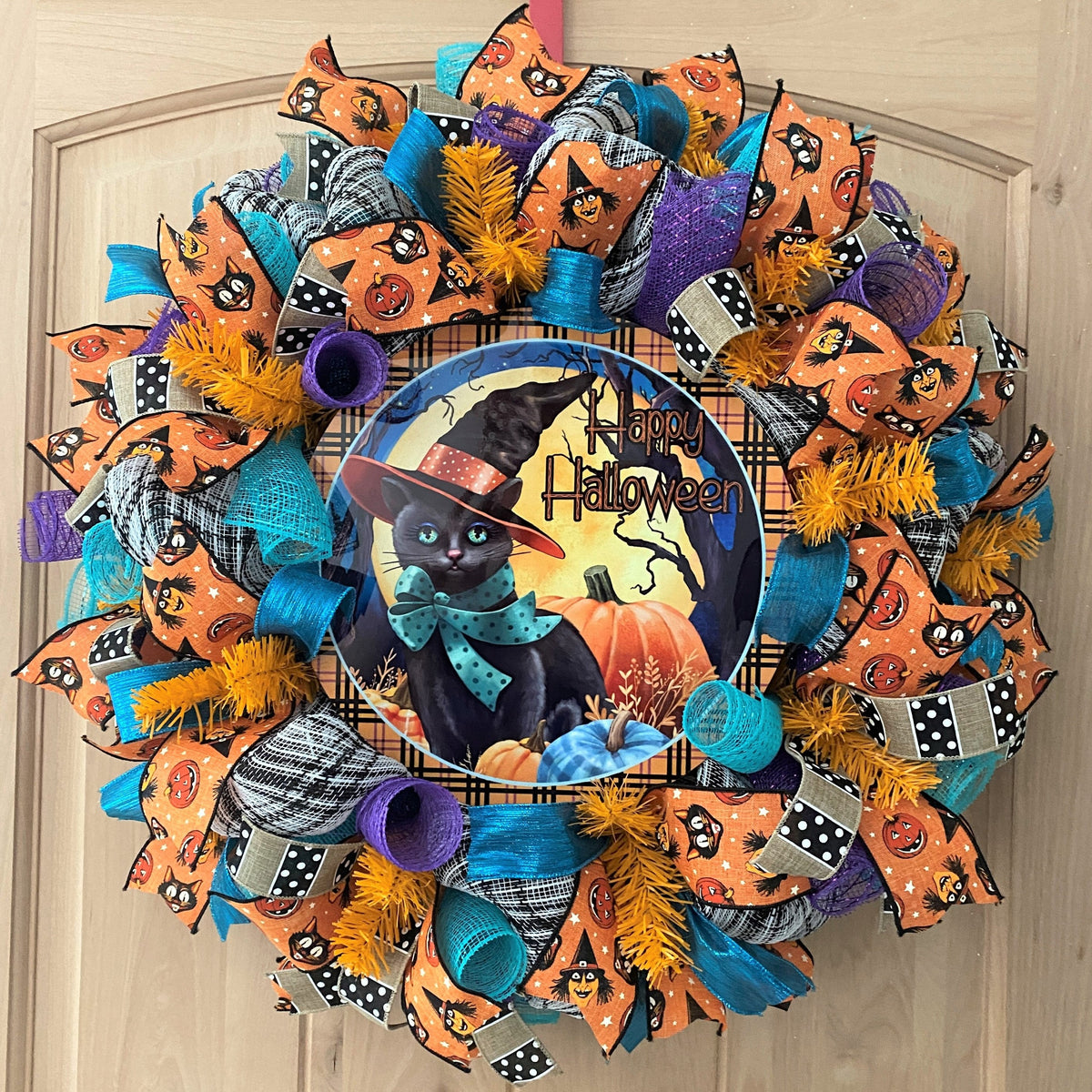 Halloween Wreath, Black Cat, Happy Halloween, Deco Mesh, Wired Ribbon, Wreath