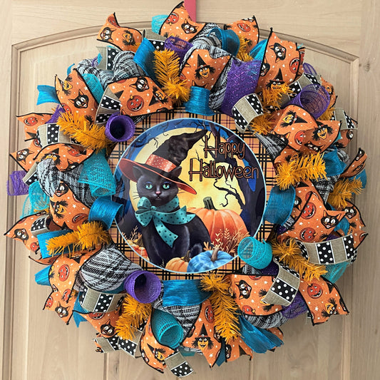 Halloween Wreath, Black Cat, Happy Halloween, Deco Mesh, Wired Ribbon, Wreath