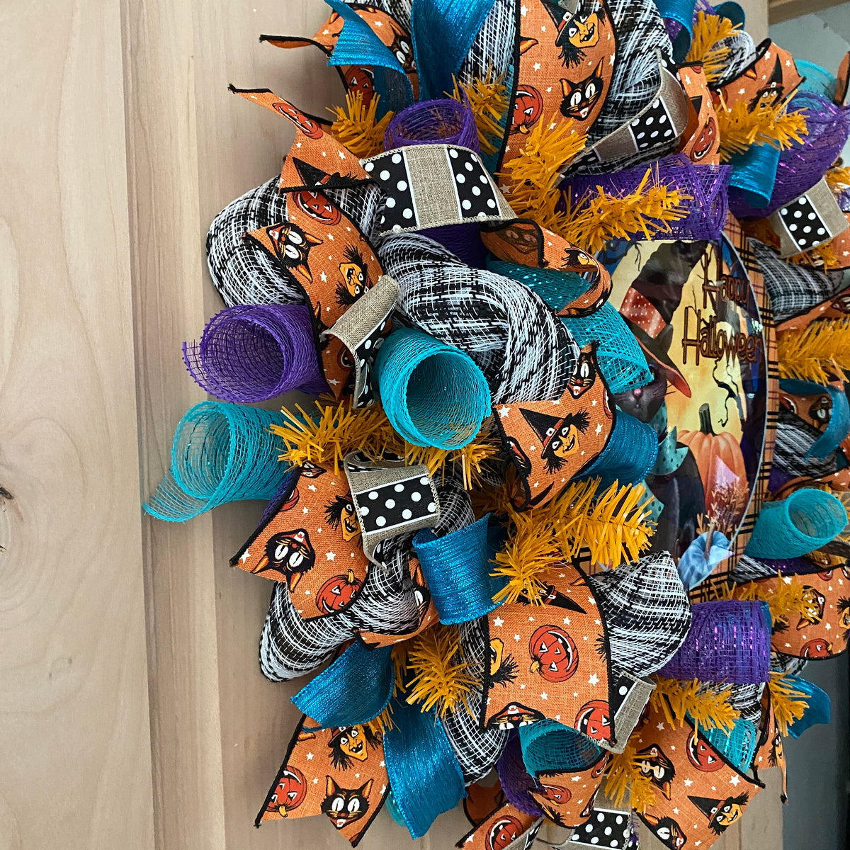 Halloween Wreath, Black Cat, Happy Halloween, Deco Mesh, Wired Ribbon, Wreath