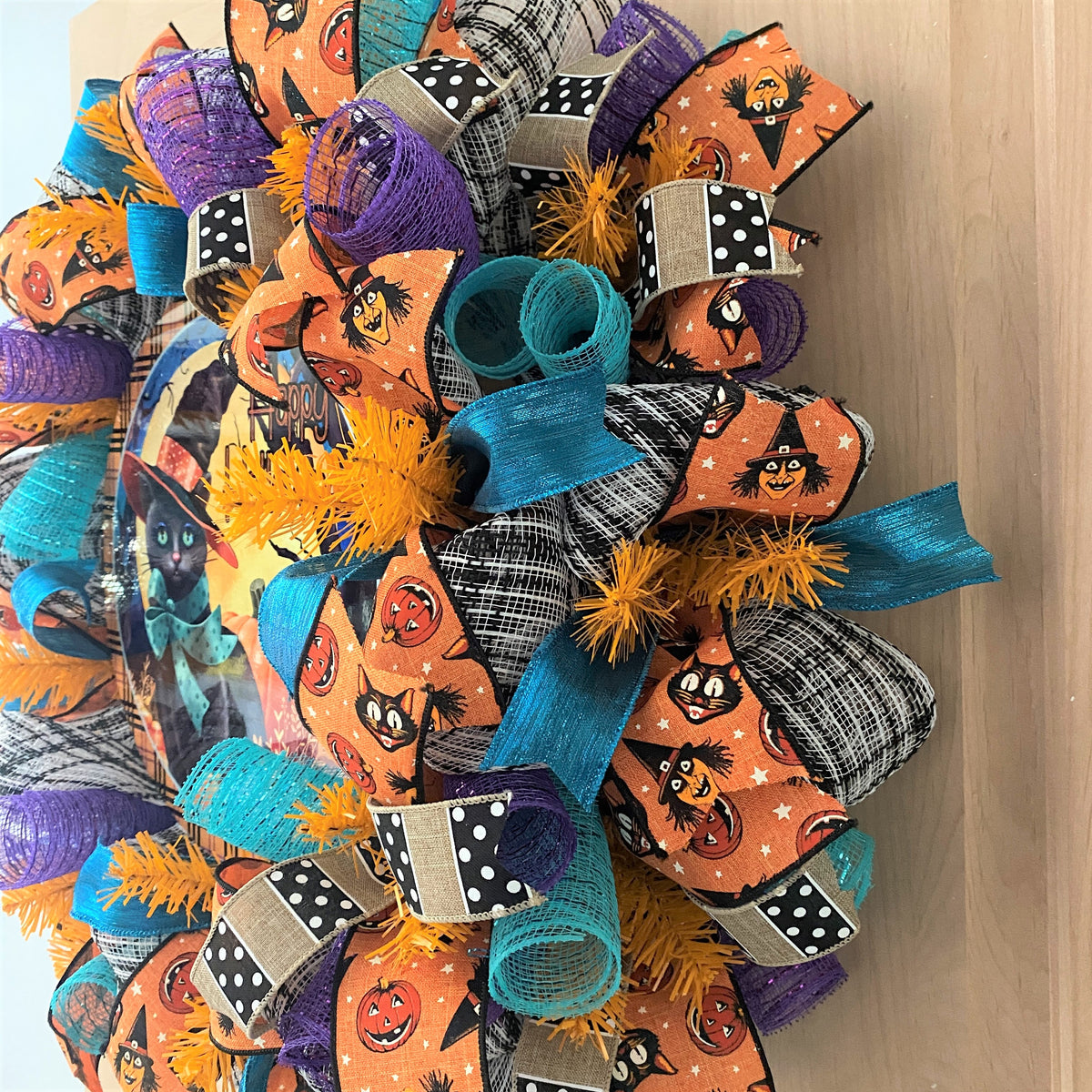 Halloween Wreath, Black Cat, Happy Halloween, Deco Mesh, Wired Ribbon, Wreath