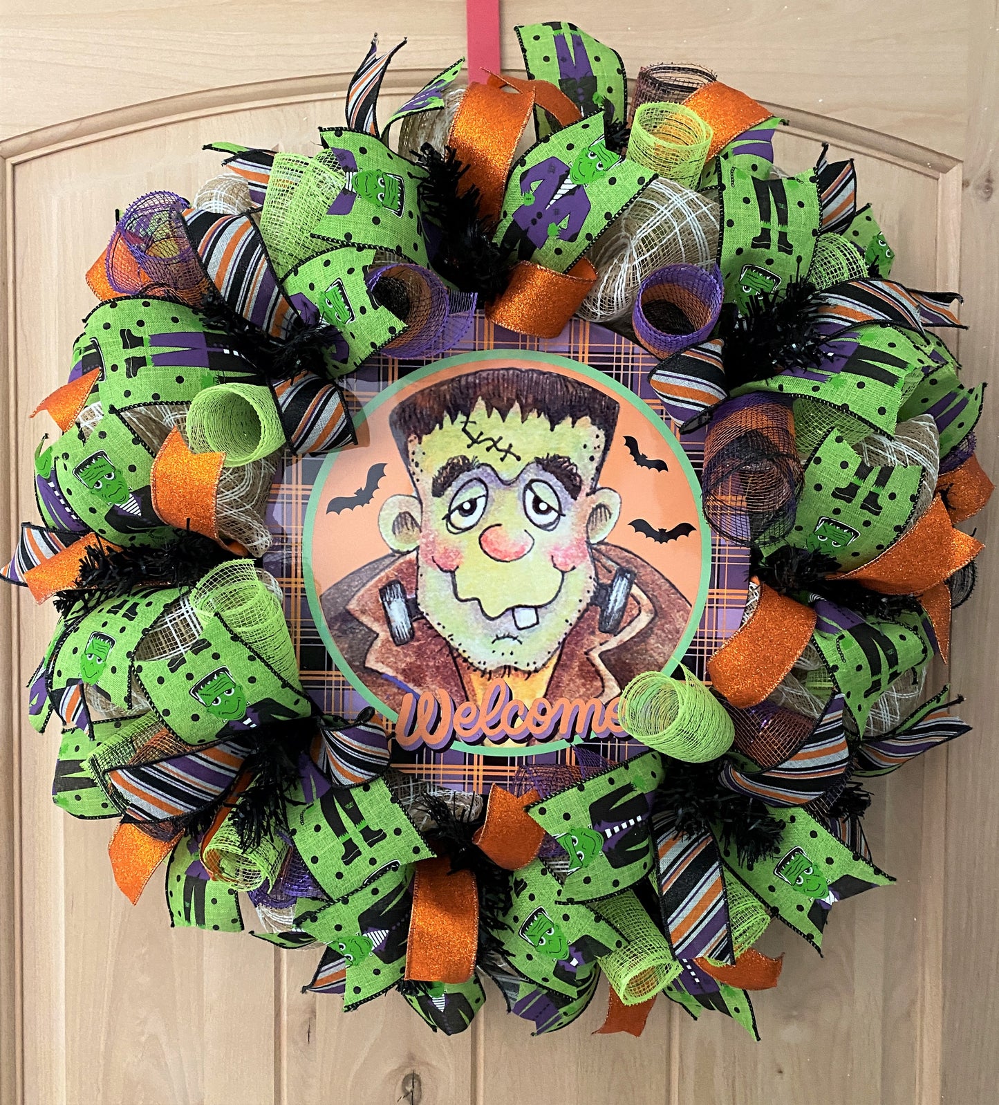 Halloween Wreath, Frankenstein, Welcome, Deco Mesh, Wired Ribbon, Wreath