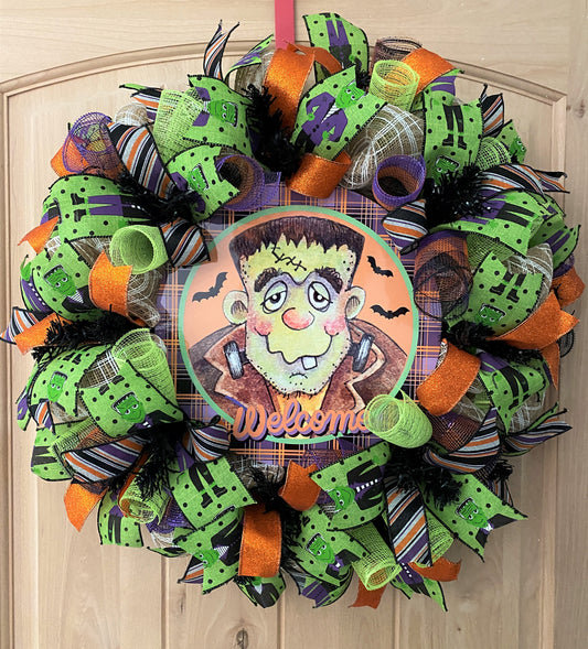 Halloween Wreath, Frankenstein, Welcome, Deco Mesh, Wired Ribbon, Wreath