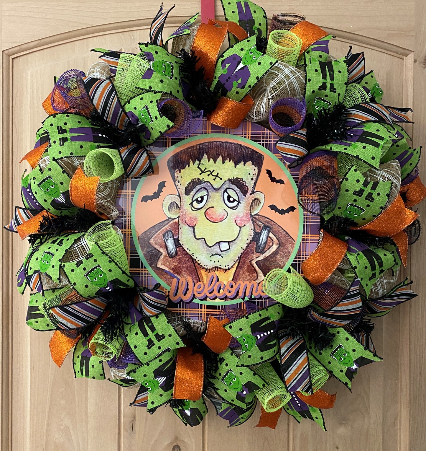 Halloween Wreath, Frankenstein, Welcome, Deco Mesh, Wired Ribbon, Wreath