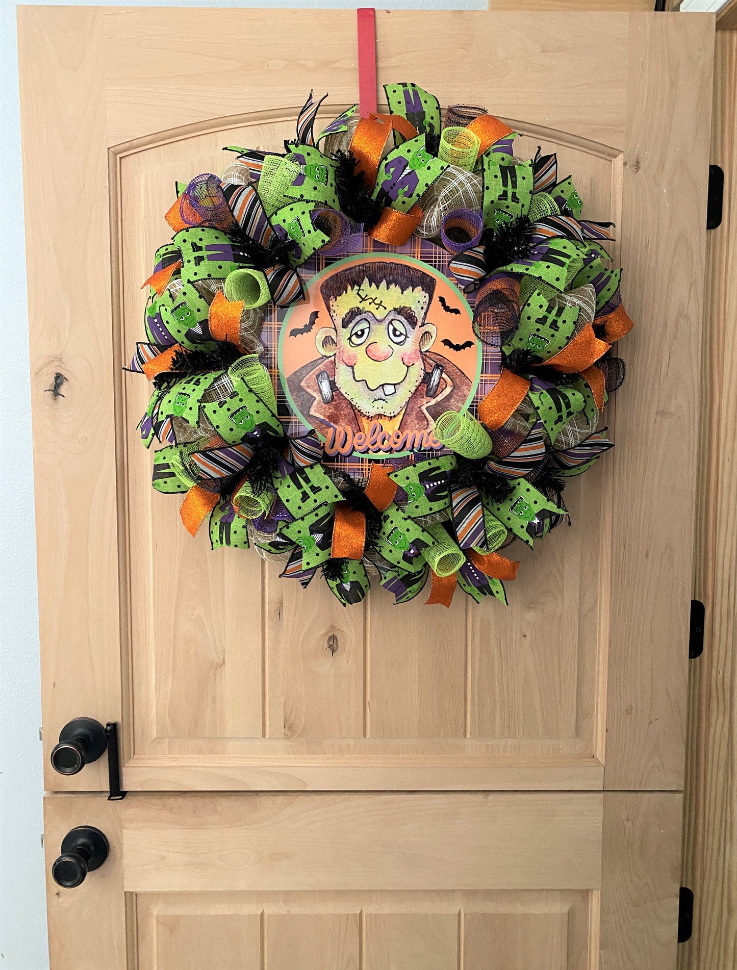 Halloween Wreath, Frankenstein, Welcome, Deco Mesh, Wired Ribbon, Wreath