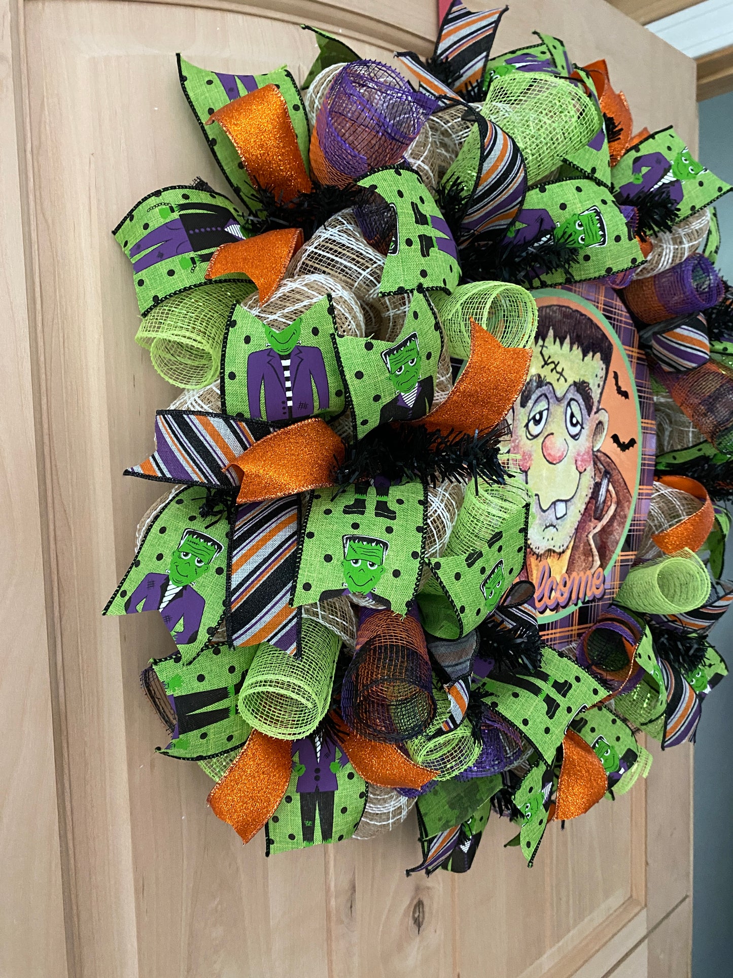 Halloween Wreath, Frankenstein, Welcome, Deco Mesh, Wired Ribbon, Wreath