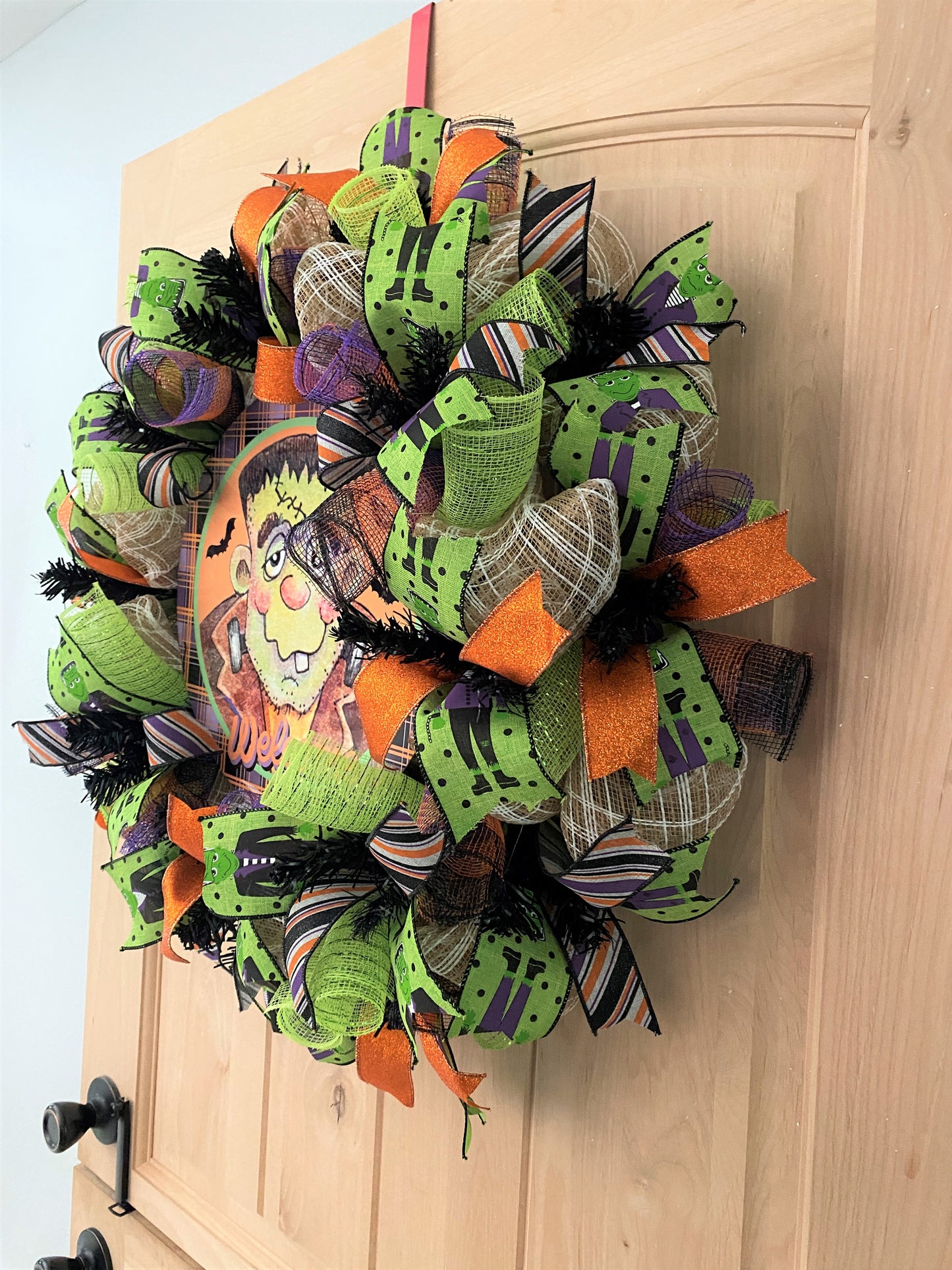 Halloween Wreath, Frankenstein, Welcome, Deco Mesh, Wired Ribbon, Wreath