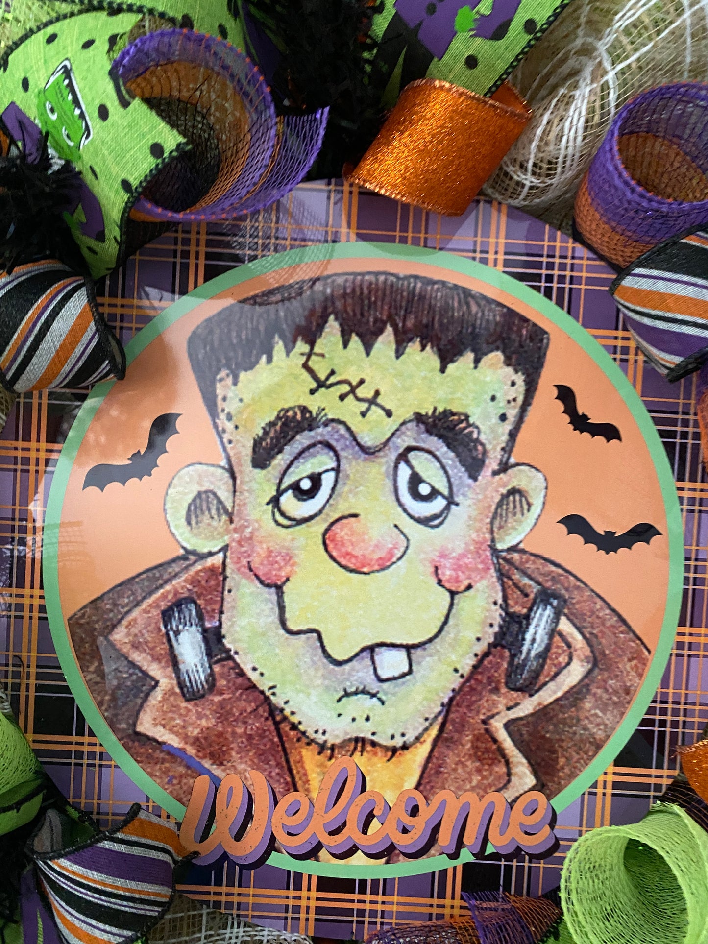 Halloween Wreath, Frankenstein, Welcome, Deco Mesh, Wired Ribbon, Wreath