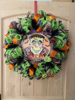 Halloween Wreath, Frankenstein, Welcome, Deco Mesh, Wired Ribbon, Wreath