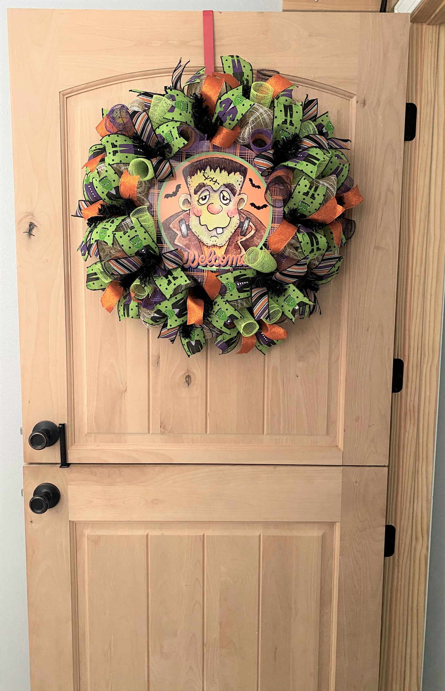 Halloween Wreath, Frankenstein, Welcome, Deco Mesh, Wired Ribbon, Wreath