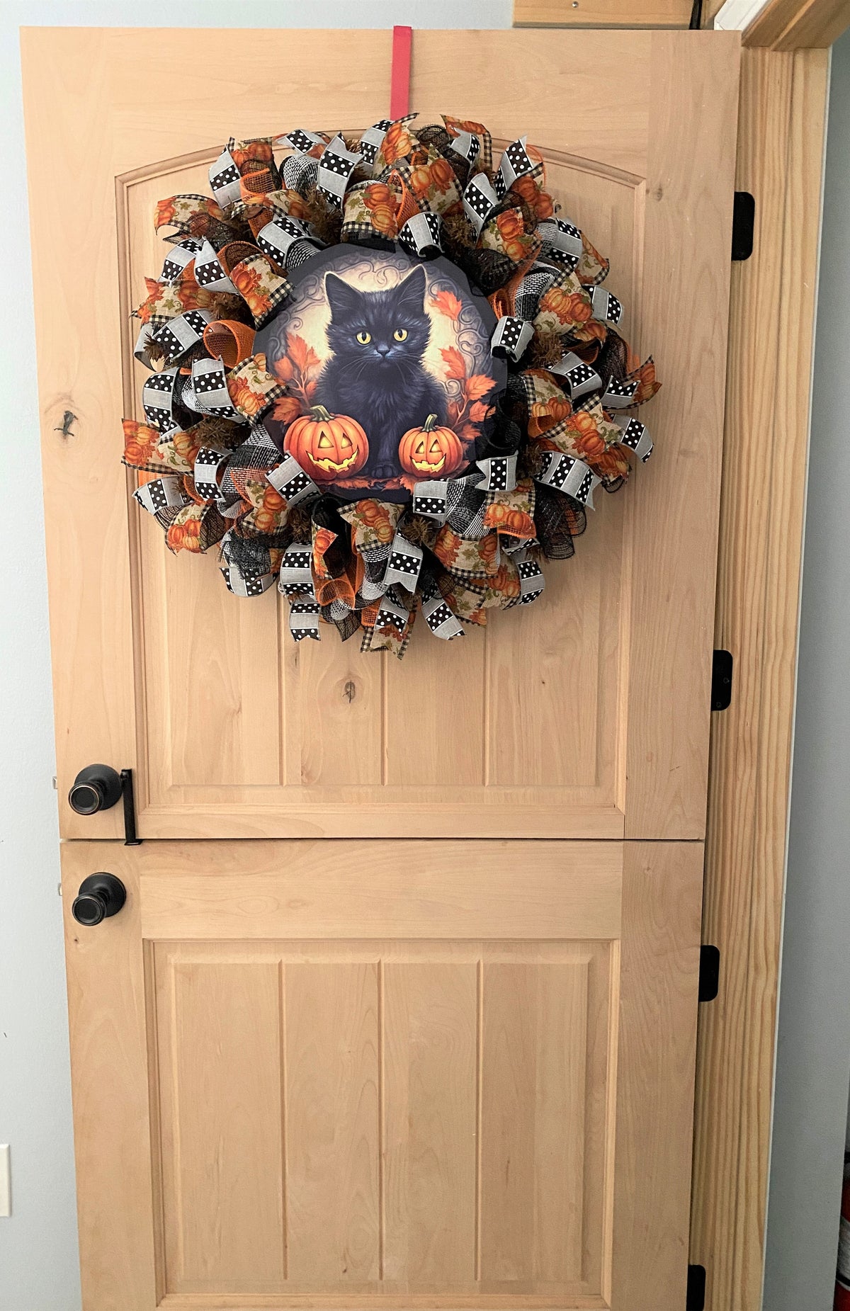 Fall, Black Kitten, Jack O' Lanterns, Fall Leaves, Pumpkins, Halloween, Falloween, Deco Mesh, Wired Ribbon, Wreath