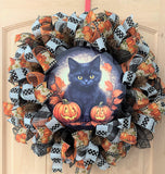 Fall, Black Kitten, Jack O' Lanterns, Fall Leaves, Pumpkins, Halloween, Falloween, Deco Mesh, Wired Ribbon, Wreath