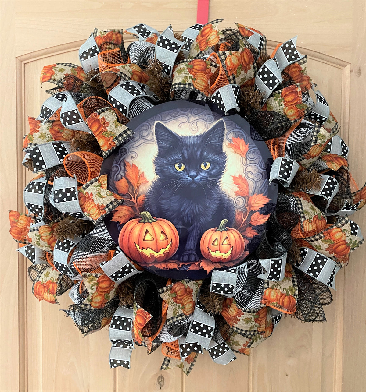 Fall, Black Kitten, Jack O' Lanterns, Fall Leaves, Pumpkins, Halloween, Falloween, Deco Mesh, Wired Ribbon, Wreath